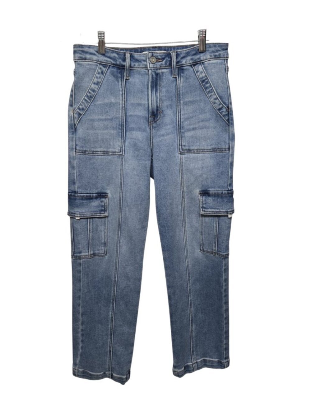 Hidden Cargo Jeans Womens Size 27 Blue Denim Utility Square Pockets Straight Leg